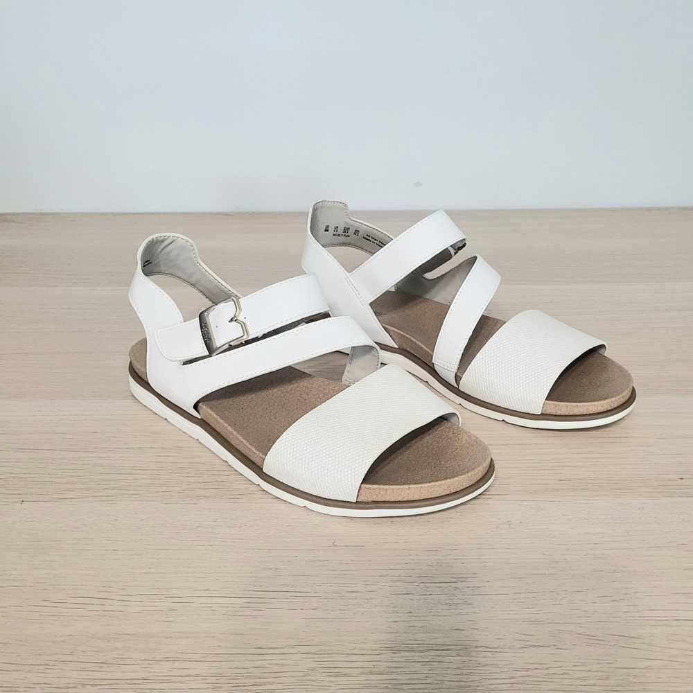 Dr Scholl's Timeless Fun Sandals White Tan Strappy Buckle Foam Footbed 8